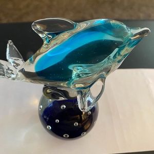 Art Glass Dolphin on Sphere with Controlled Bubbles Paperweight (holiday!)